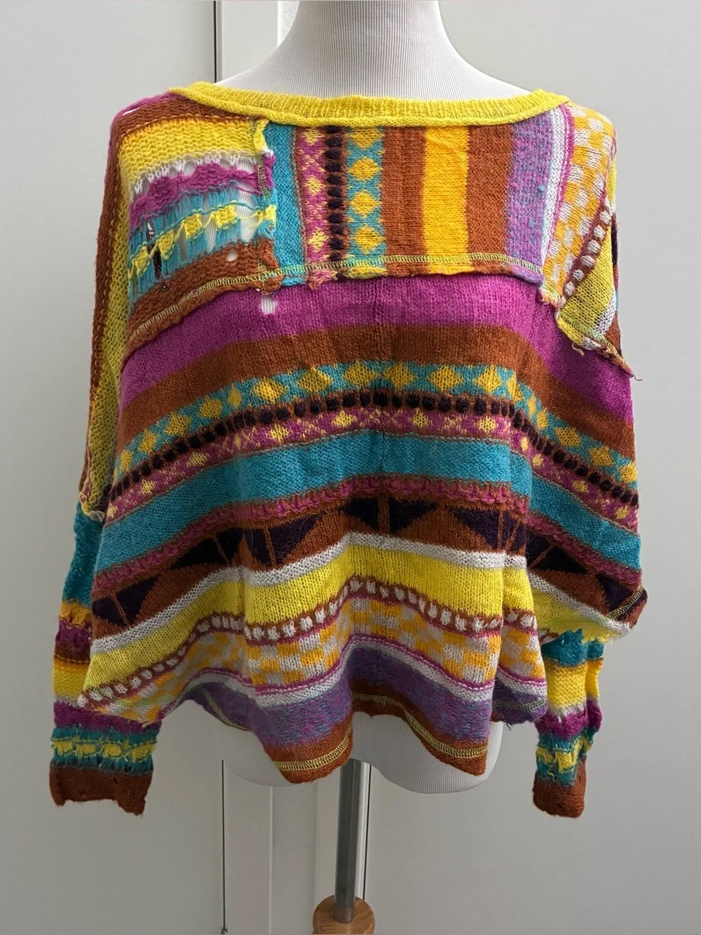 Free People Med‎ December Skies Poncho Sweater Patchwork Knit Boho Festival